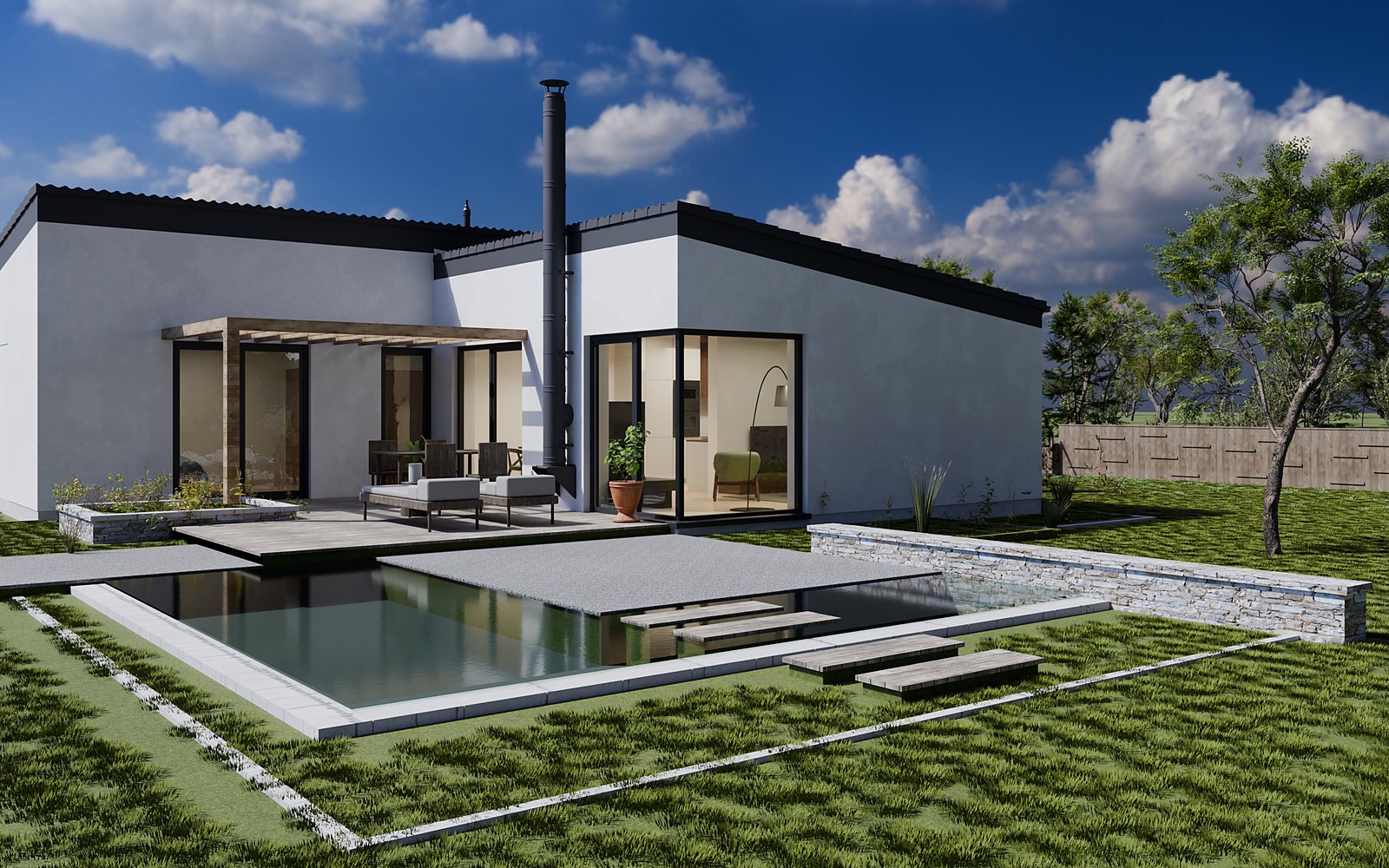Dom od záhrady — terasa, pergola, jazierko a presklený roh obývacej izby
